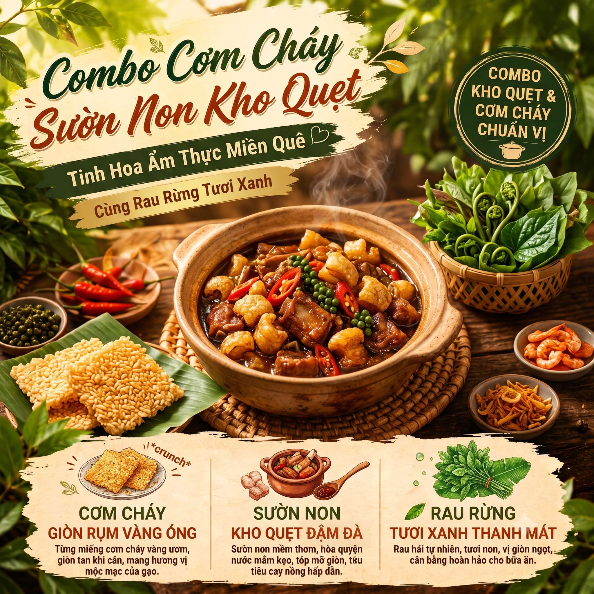 Combo Cơm Cháy Sườn Non Kho Quẹt Rau Rừng