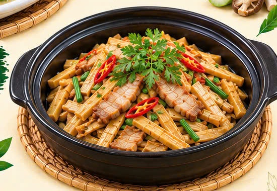 Đĩa măng Gia Lai xào thịt ba rọi cháy cạnh nâu óng thơm nức