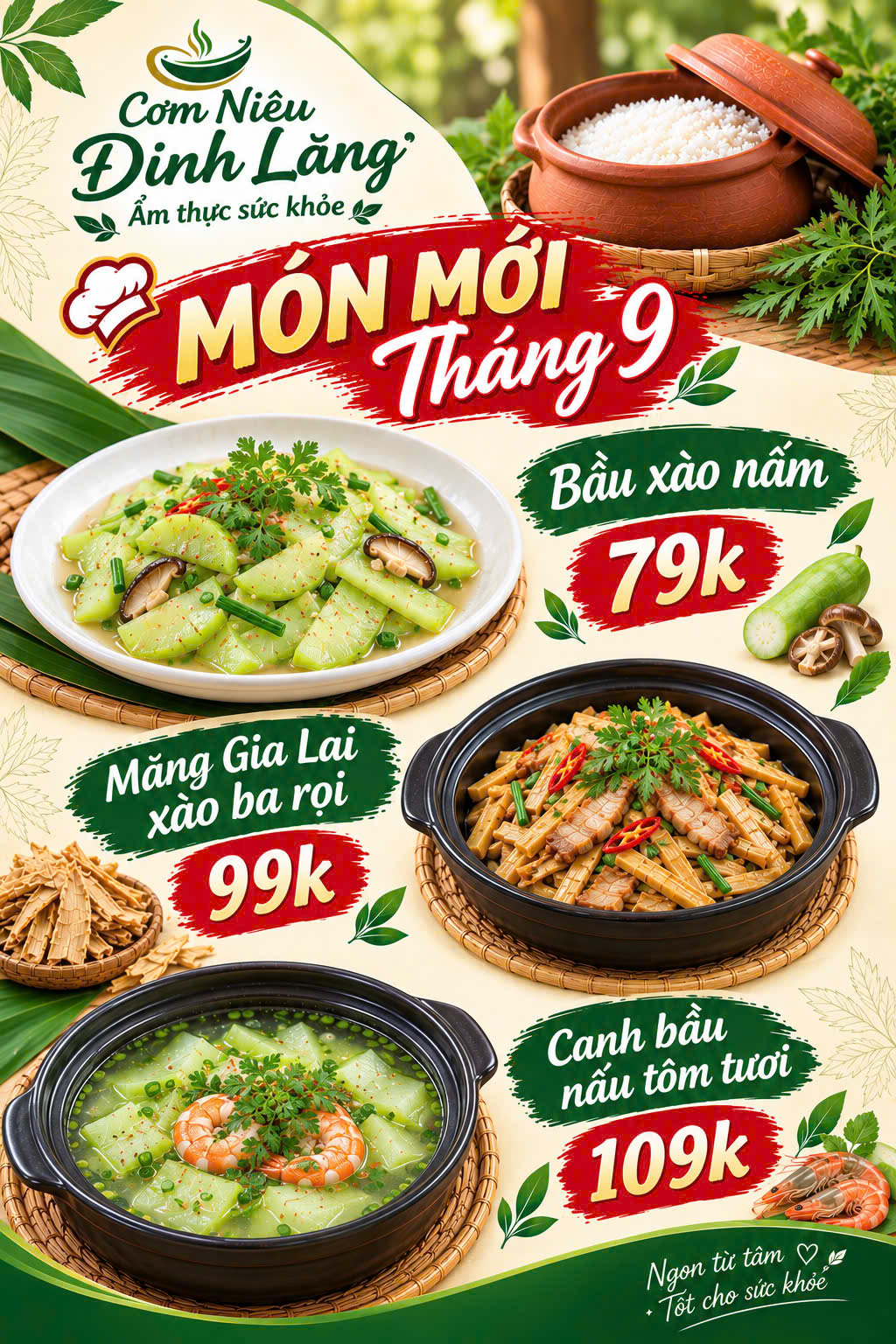 Thực Đơn Món Mới Tháng 9 Tại Đinh Lăng Food: Măng Rừng Gia Lai, Bầu Xào Nấm & Canh Tôm Thanh Mát