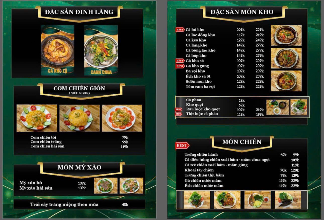 Thực đơn các món cơm chiên và đặc sản tại Đinh Lăng Food